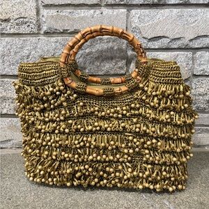 Trina Turk 15 Inch Brown Raffia Woven & Beaded Bag (pre-owned)